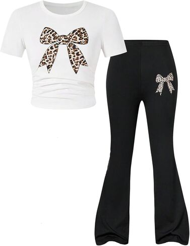 SHENHE Girl's 2 Piece Outfits Leopard Bow Short Sleeve Tee Shirts and Flared Leggings Pants Set in Saudi Arabia