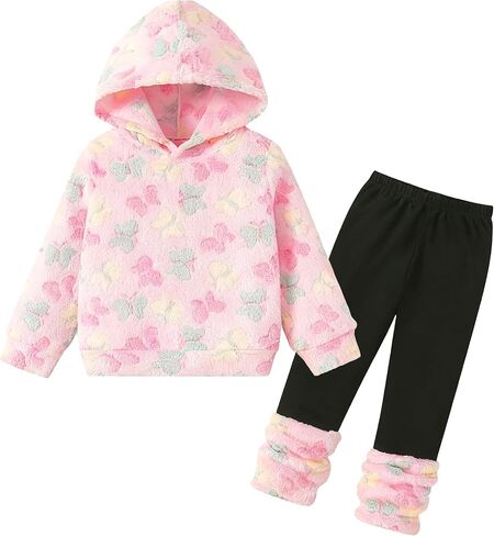 Girls 2 Piece Brown Sweatsuit Kids Outfits Sweatsuit Print Fuzzy Hoodie Sweatshirt Sweatpant Kids Clothing Sets Cute in Saudi Arabia