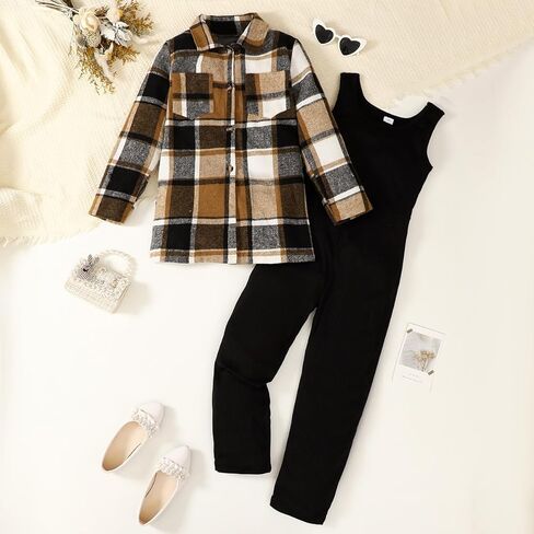 Stylish Girls Pants Set, Plaid Shirt with Black Jumpsuit 2-Piece Outfit for Girls 8-12 Y in Saudi Arabia