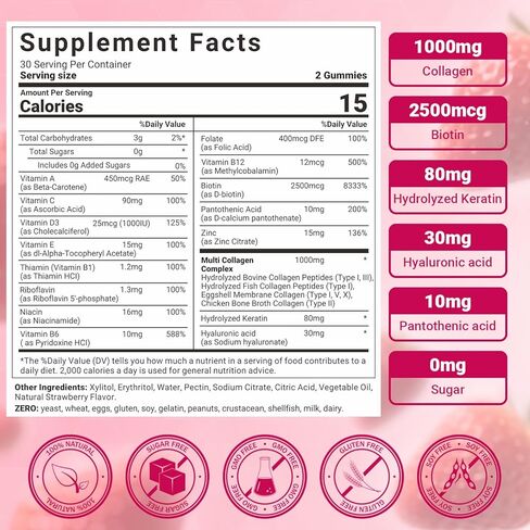 Collagen Gummies for Women, Sugar-Free Hydrolyzed Collagen Gummy with Type I, II, III, V, X Collagen Peptides, Biotin, Hyaluronic Acid & MultiVitamins, Promote Skin/Hair/Nail/Bones, 120 Cts in Saudi Arabia