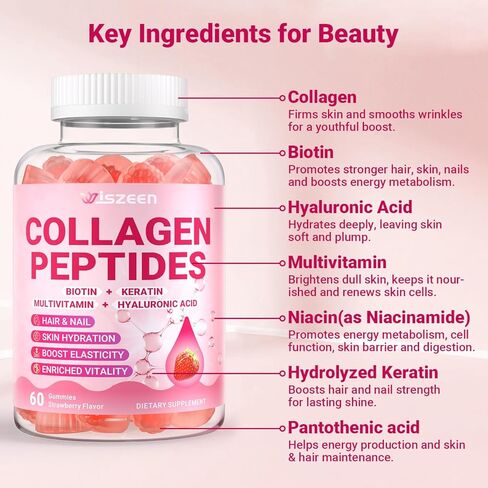 Collagen Gummies for Women, Sugar-Free Hydrolyzed Collagen Gummy with Type I, II, III, V, X Collagen Peptides, Biotin, Hyaluronic Acid & MultiVitamins, Promote Skin/Hair/Nail/Bones, 120 Cts in Saudi Arabia