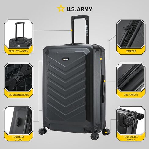 US ARMY Fox 28 inch Hardside Luggage with Spinner Wheels | Lightweight Large Suitcase for Extended Travel | Chevron Icon, Gel Handle, Side Studs, Retractable Trolley, Heavy Duty | Black in Saudi Arabia