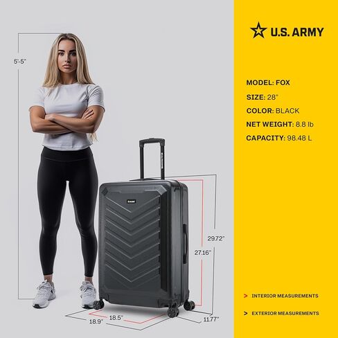 US ARMY Fox 28 inch Hardside Luggage with Spinner Wheels | Lightweight Large Suitcase for Extended Travel | Chevron Icon, Gel Handle, Side Studs, Retractable Trolley, Heavy Duty | Black in Saudi Arabia