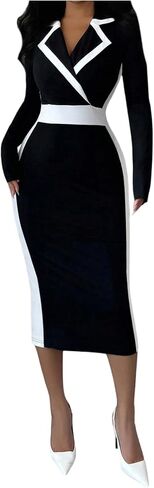 GORGLITTER Women's Color Block Midi Dress Elegant Classy Fall Long Sleeve Bodycon Cocktail Dinner Birthday Work Dresses in Saudi Arabia