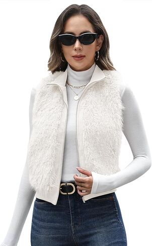Womens Faux Fur Vest Lapel Collar Sleeveless Zip Up Cardigan Vest Top Fuzzy Coats Jacket Fluffy Outwear with Pockets in Saudi Arabia