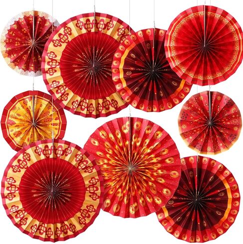 Outus 9 Pcs Chinese New Year Decoration Paper Fans Red Chinese Hanging Ornaments Lunar New Year Party Fan Ceiling Wall Decor Lunar Festival Paper Fan for 2026 Horse Festival Party Supplies (Classic) in Saudi Arabia