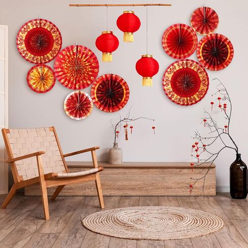 Outus 9 Pcs Chinese New Year Decoration Paper Fans Red Chinese Hanging Ornaments Lunar New Year Party Fan Ceiling Wall Decor Lunar Festival Paper Fan for 2026 Horse Festival Party Supplies (Classic) in Saudi Arabia
