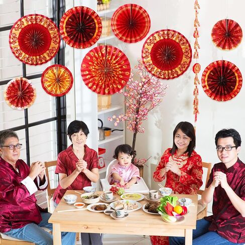 Outus 9 Pcs Chinese New Year Decoration Paper Fans Red Chinese Hanging Ornaments Lunar New Year Party Fan Ceiling Wall Decor Lunar Festival Paper Fan for 2026 Horse Festival Party Supplies (Classic) in Saudi Arabia