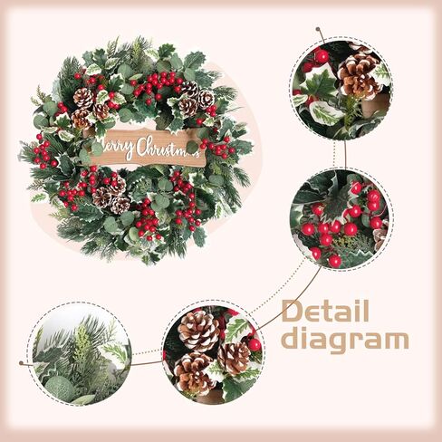 idyllic Christmas Wreath-22 Christmas Decoration Wreaths for Front Door Winter Spring Wreath with Pine Needles Eucalyptus Holly Leaves Pine Cones Red Berries for Indoor Outdoor Home Wall Decor in Saudi Arabia