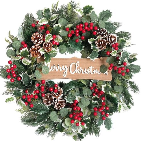 idyllic Christmas Wreath-22 Christmas Decoration Wreaths for Front Door Winter Spring Wreath with Pine Needles Eucalyptus Holly Leaves Pine Cones Red Berries for Indoor Outdoor Home Wall Decor in Saudi Arabia