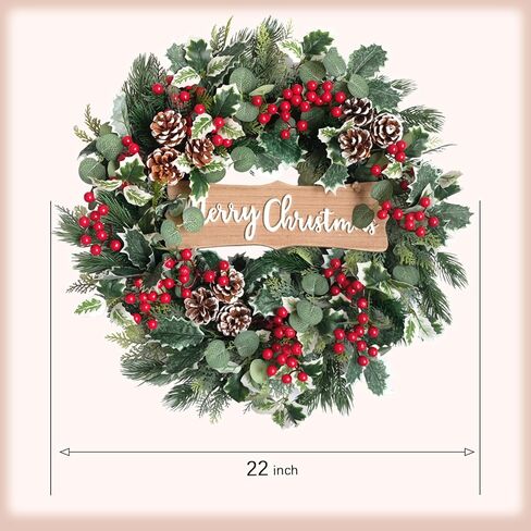 idyllic Christmas Wreath-22 Christmas Decoration Wreaths for Front Door Winter Spring Wreath with Pine Needles Eucalyptus Holly Leaves Pine Cones Red Berries for Indoor Outdoor Home Wall Decor in Saudi Arabia