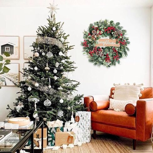 idyllic Christmas Wreath-22 Christmas Decoration Wreaths for Front Door Winter Spring Wreath with Pine Needles Eucalyptus Holly Leaves Pine Cones Red Berries for Indoor Outdoor Home Wall Decor in Saudi Arabia