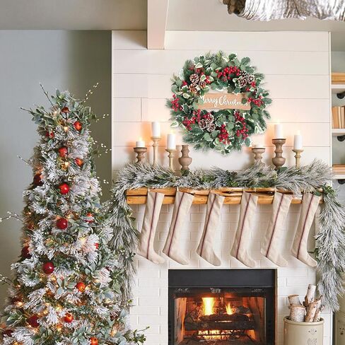 idyllic Christmas Wreath-22 Christmas Decoration Wreaths for Front Door Winter Spring Wreath with Pine Needles Eucalyptus Holly Leaves Pine Cones Red Berries for Indoor Outdoor Home Wall Decor in Saudi Arabia