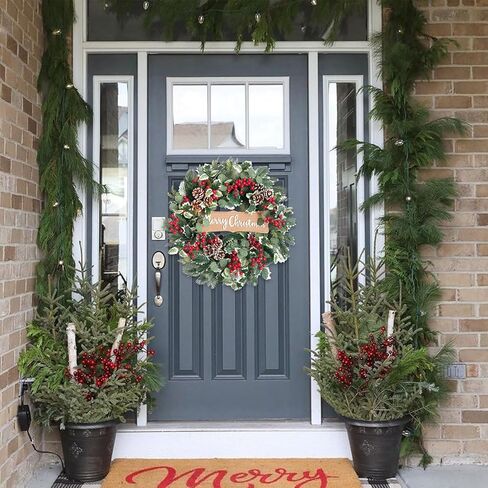 idyllic Christmas Wreath-22 Christmas Decoration Wreaths for Front Door Winter Spring Wreath with Pine Needles Eucalyptus Holly Leaves Pine Cones Red Berries for Indoor Outdoor Home Wall Decor in Saudi Arabia