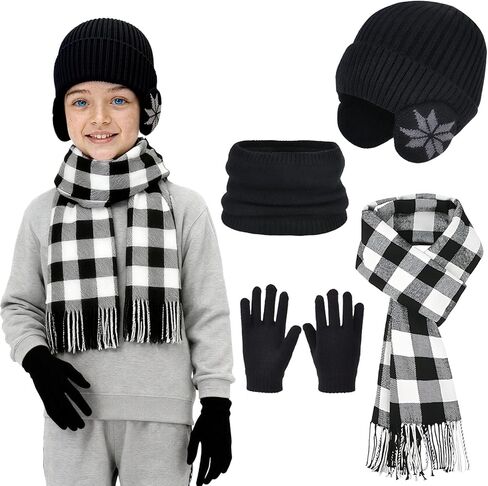 Boys Winter Hat Scarf Gloves Set, Warm Fleece Beanie Hat with Ear Warmer Touch Screen Mittens Plaid Scarf Set Gifts for Kids in Saudi Arabia
