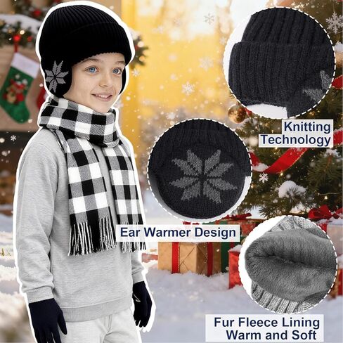 Boys Winter Hat Scarf Gloves Set, Warm Fleece Beanie Hat with Ear Warmer Touch Screen Mittens Plaid Scarf Set Gifts for Kids in Saudi Arabia