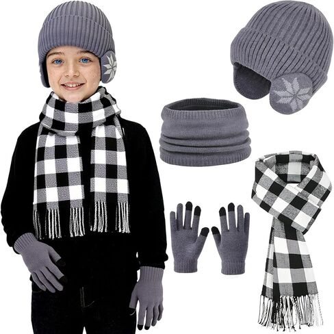 Boys Winter Hat Scarf Gloves Set, Warm Fleece Beanie Hat with Ear Warmer Touch Screen Mittens Plaid Scarf Set Gifts for Kids in Saudi Arabia