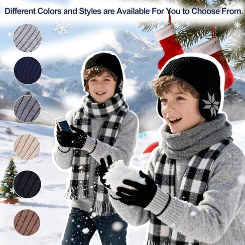 Boys Winter Hat Scarf Gloves Set, Warm Fleece Beanie Hat with Ear Warmer Touch Screen Mittens Plaid Scarf Set Gifts for Kids in Saudi Arabia