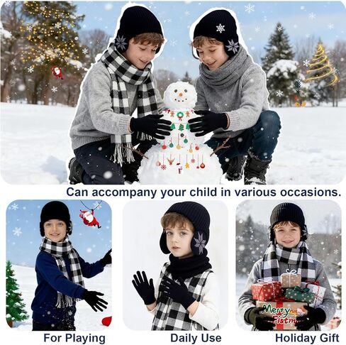 Boys Winter Hat Scarf Gloves Set, Warm Fleece Beanie Hat with Ear Warmer Touch Screen Mittens Plaid Scarf Set Gifts for Kids in Saudi Arabia