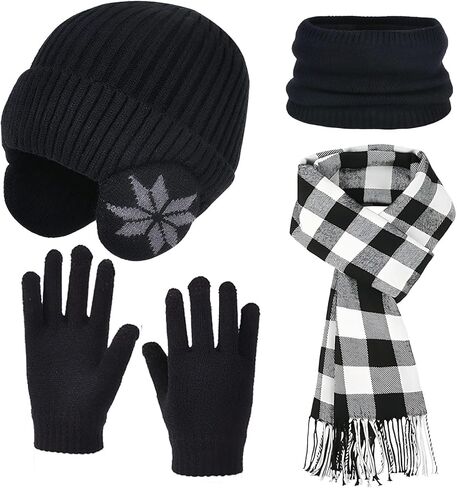 Boys Winter Hat Scarf Gloves Set, Warm Fleece Beanie Hat with Ear Warmer Touch Screen Mittens Plaid Scarf Set Gifts for Kids in Saudi Arabia