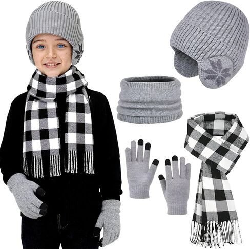 Boys Winter Hat Scarf Gloves Set, Warm Fleece Beanie Hat with Ear Warmer Touch Screen Mittens Plaid Scarf Set Gifts for Kids in Saudi Arabia