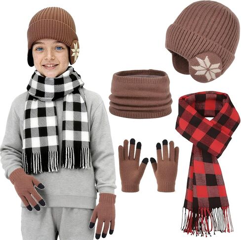 Boys Winter Hat Scarf Gloves Set, Warm Fleece Beanie Hat with Ear Warmer Touch Screen Mittens Plaid Scarf Set Gifts for Kids in Saudi Arabia