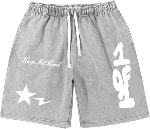 Graphic Shorts Men Streetwear Y2k Short Men's Stars Lettering Print Shorts Vintage Drawstring Acid Washed Short in Kuwait