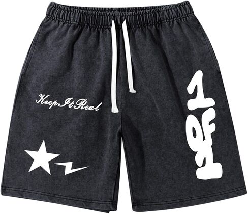 Graphic Shorts Men Streetwear Y2k Short Men's Stars Lettering Print Shorts Vintage Drawstring Acid Washed Short in Kuwait