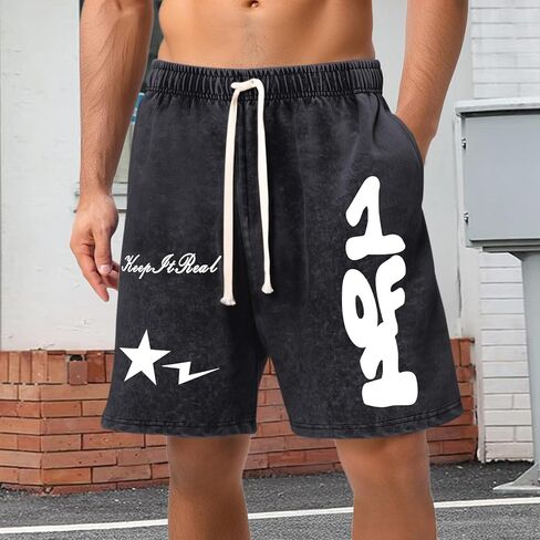 Graphic Shorts Men Streetwear Y2k Short Men's Stars Lettering Print Shorts Vintage Drawstring Acid Washed Short in Kuwait
