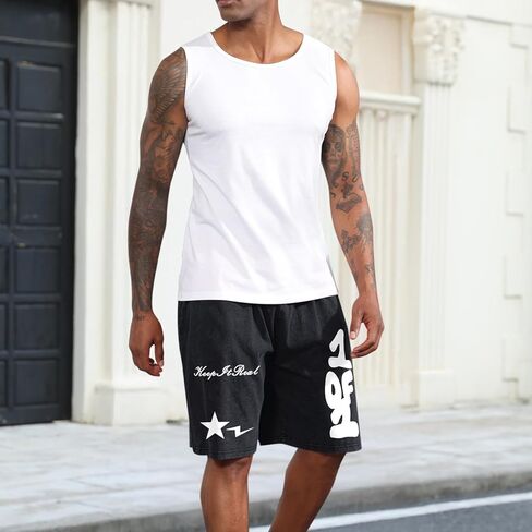 Graphic Shorts Men Streetwear Y2k Short Men's Stars Lettering Print Shorts Vintage Drawstring Acid Washed Short in Kuwait