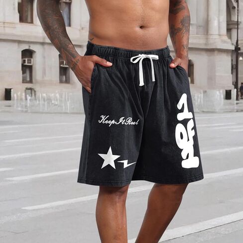 Graphic Shorts Men Streetwear Y2k Short Men's Stars Lettering Print Shorts Vintage Drawstring Acid Washed Short in Kuwait
