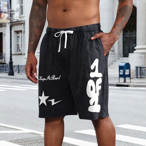 Graphic Shorts Men Streetwear Y2k Short Men's Stars Lettering Print Shorts Vintage Drawstring Acid Washed Short in Kuwait