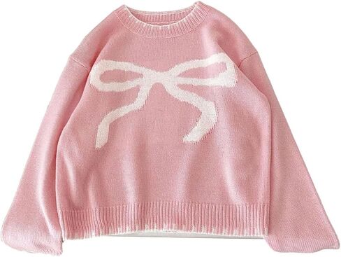 SweatyRocks Girl's Cute Bow Sweater Crew Neck Long Sleeve Drop Shoulder Pullover Knit Top in Saudi Arabia