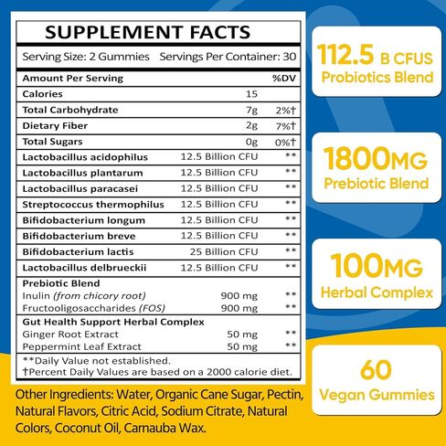 علكة صحة الأمعاء والبروبيوتيك، 112.5 مليار وحدة تشكيل مستعمرة، خالية من السكر - 8 سلالات + البريبايوتكس + أعشاب - للجهاز الهضمي والمناعة والإسهال والانتفاخ - صحة الأمعاء للنساء والرجال، 60 قطعة علكات بروبيوتيك in Kuwait