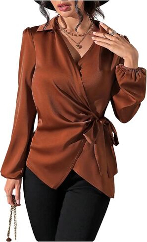 SweatyRocks Women's Wrap Satin Blouse Tie Knot Bishop Long Sleeve Elegant Business Work Shirts in Saudi Arabia