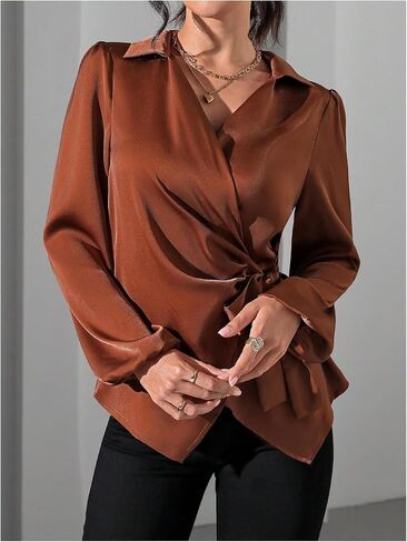 SweatyRocks Women's Wrap Satin Blouse Tie Knot Bishop Long Sleeve Elegant Business Work Shirts in Saudi Arabia