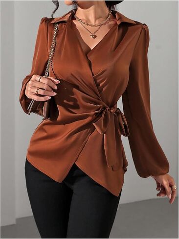 SweatyRocks Women's Wrap Satin Blouse Tie Knot Bishop Long Sleeve Elegant Business Work Shirts in Saudi Arabia