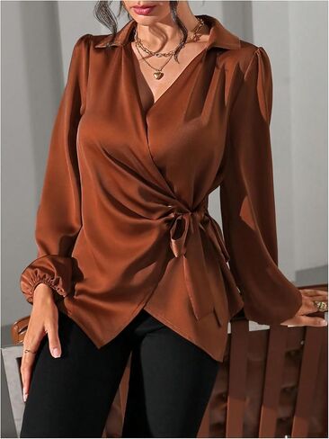 SweatyRocks Women's Wrap Satin Blouse Tie Knot Bishop Long Sleeve Elegant Business Work Shirts in Saudi Arabia