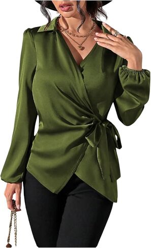 SweatyRocks Women's Wrap Satin Blouse Tie Knot Bishop Long Sleeve Elegant Business Work Shirts in Saudi Arabia