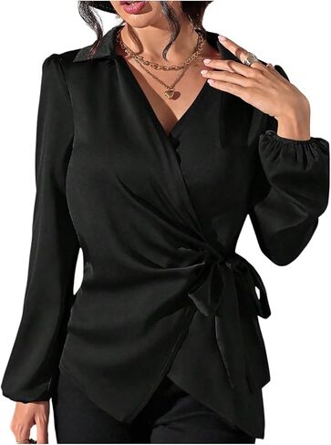 SweatyRocks Women's Wrap Satin Blouse Tie Knot Bishop Long Sleeve Elegant Business Work Shirts in Saudi Arabia