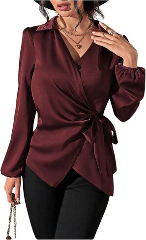 SweatyRocks Women's Wrap Satin Blouse Tie Knot Bishop Long Sleeve Elegant Business Work Shirts in Saudi Arabia