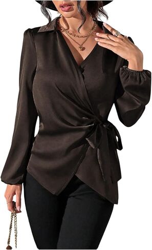 SweatyRocks Women's Wrap Satin Blouse Tie Knot Bishop Long Sleeve Elegant Business Work Shirts in Saudi Arabia