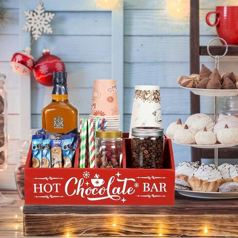 Barydat Christmas Hot Cocoa Bar Wood Coffee Station Organizer Countertop with 4 Compartment Coffee Bar Decorative Holder Xmas Basket Organizer Bin for Kitchen Holiday Gift Party Home Supplies(Black) in Saudi Arabia