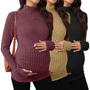 3 Pack Maternity T-Shirts Pregnancy Tops Women Sweater Long Sleeve Turtleneck Ribbed Finger Sleeve Outfits in Kuwait