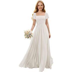 Chiffon Junior Bridesmaid Dresses for Teens Long Square Neck Short Sleeve Cute Flower Girl Dress in Kuwait