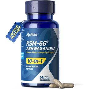 KSM-66 مكملات اشواغاندا | مستخلص جذور أشواغاندا للنساء والرجال | مجمع Adaptogen 10 في 1 لمدير الكورتيزول والإجهاد والطاقة ودعم المناعة | 60 كبسولة نباتية in Kuwait