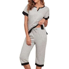 Cotton Pajama Sets For Women Soft Sleepwear 2 Pieces Lounge Set Comfy Top And Capri Pants With Pockets in Saudi Arabia