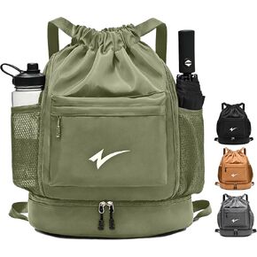 حقيبة ظهر رياضية برباط، حقيبة رياضية مع جيوب جانبية شبكية وحجرة منفصلة للأحذية، مقاومة للماء (أخضر جيشي) in Kuwait