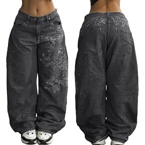 Baggy Y2k Jeans for Women Men,Hip Hop Vintage Wide Leg Print Jeans Black Goth High Waist Denim Pants Street Wear in Saudi Arabia