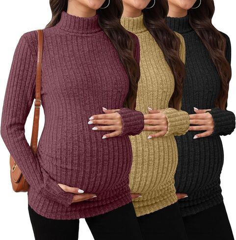 3 Pack Maternity T-Shirts Pregnancy Tops Women Sweater Long Sleeve Turtleneck Ribbed Finger Sleeve Outfits in Kuwait